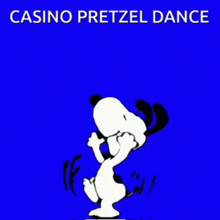 snoopy is dancing on a blue background with the words casino pretzel dance below him