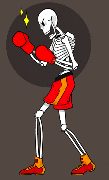 a drawing of a skeleton wearing red boxing gloves and shorts