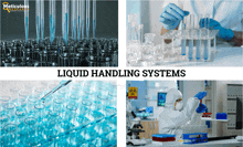 a collage of images with the words liquid handling systems at the bottom