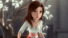 a cartoon girl with a white shirt and red skirt