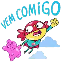 a cartoon character flying with a pink teddy bear and the words vem comigo