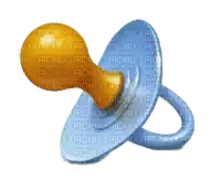 a blue pacifier with a yellow nipple is on a white background