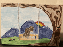 a child 's painting of a girl on a swing with mountains in the background