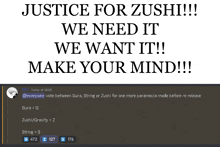 a poster that says " justice for zushi " on it