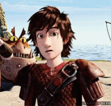 hiccup from how to train your dragon is standing on the beach