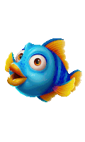 a blue and yellow fish with big eyes and a yellow mouth