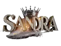 a logo for sandra with a crown and feather