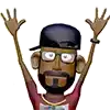 a cartoon man with a beard , glasses and a hat is raising his hands in the air .