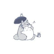 a drawing of a totoro holding an umbrella and a smaller totoro