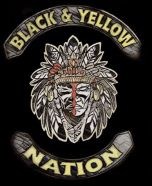 a black and yellow nation logo with a native american head