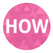 a pink circle with the word how in white letters