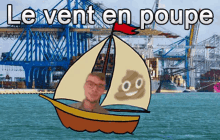 a cartoon of a man in a sailboat with a poop face on the sail