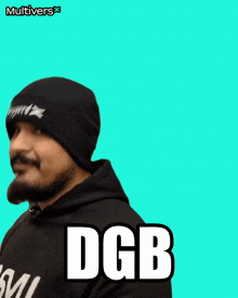 a man with a beard is wearing a black beanie and a black hoodie that says dgb on it