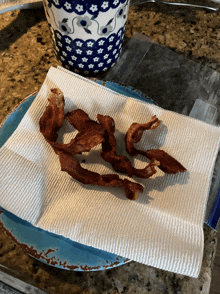 a piece of bacon is sitting on a paper towel on a plate