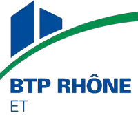 a blue and green logo for btp rhone et with a green line