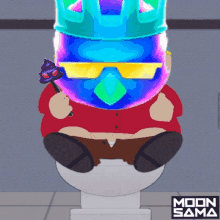 a cartoon character is sitting on a toilet with a moon sama logo in the background