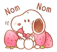 a cartoon of snoopy eating strawberries with the words nom nom