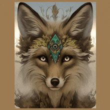 a painting of a fox with feathers and a diamond on its forehead