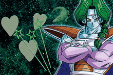 a cartoon character with green hair is standing with his arms crossed surrounded by hearts and stars