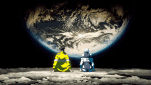 two people are sitting on the moon and looking at the earth