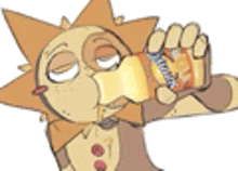 a cartoon character is drinking from a bottle of orange juice .