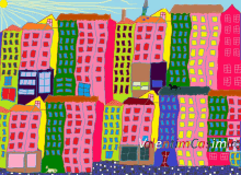 a colorful drawing of a city with the name valentin casimiro on the bottom