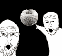 a black and white drawing of two men looking at a ball of yarn