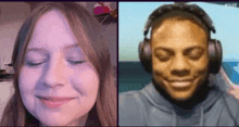 a woman and a man are talking on a video call . the woman is wearing headphones and the man is smiling .