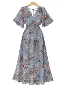 a blue floral dress with ruffled sleeves and a v-neck