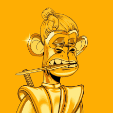 a cartoon of a gold monkey holding a knife in its mouth