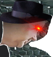 a man wearing a fedora hat has a red light coming out of his eyes