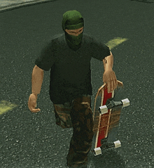 a man wearing a mask is holding a skateboard on the street