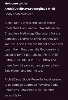 a page that says welcome to the archie devil may cry vergil675 wikil godly characters ect