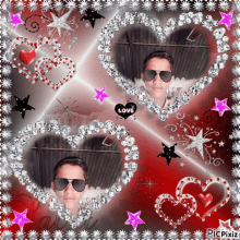 a man wearing sunglasses is surrounded by hearts and stars