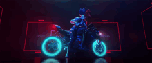 a person is riding a motorcycle in a dark room with the letters kda on the wall