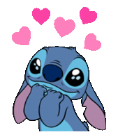 a cartoon of stitch with pink hearts surrounding him