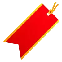 a red tag with a yellow ribbon hanging on a string