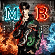 a man wearing a jacket with a snake on it stands in front of a brick wall with the letters mb on it