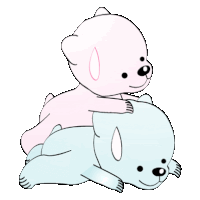 a pink and a blue bear are laying on top of each other .