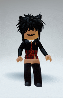 a cartoon character with black hair and a red plaid skirt