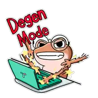 a cartoon of a frog sitting in front of a laptop with the words degen mode above it