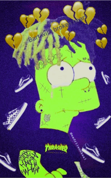 a poster of bart simpson with broken hearts and thrasher on it