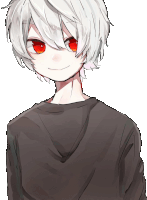 a young boy with white hair and red eyes is wearing a black shirt .