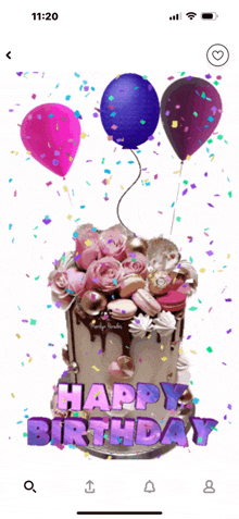 a happy birthday cake with balloons and confetti on it