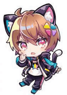 a chibi boy with cat ears and a bow in his hair is giving a peace sign .