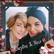 two women are posing for a picture with the name caroline and nour written on the bottom