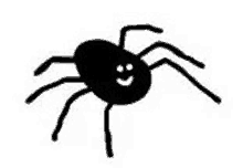 a black and white drawing of a spider with a smiling face on a white background .