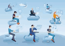 a group of people are sitting on clouds using laptops and phones .