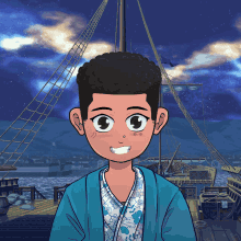 a cartoon drawing of a boy in front of a ship at night