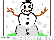 a drawing of a snowman with the words shake to erase on the bottom